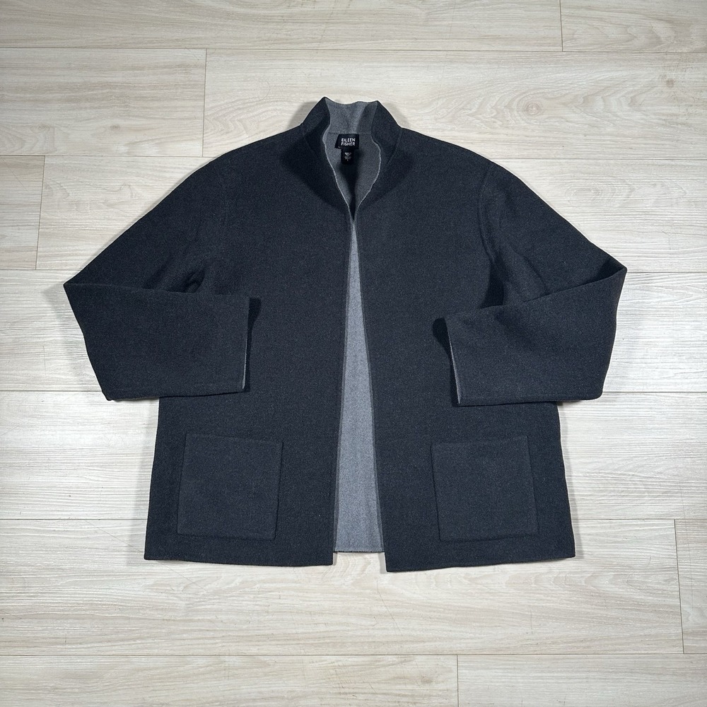 Eileen Fisher Jacket Black Open Front Wool Cashmere Blend Size Large Blazer Soft